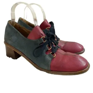 Vintage Gray Suede &amp; Red Leather Lace Up Shoes Block Heel Made in Italy Sz 10AA