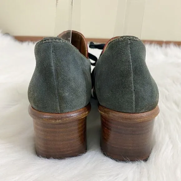 Vintage Gray Suede &amp; Red Leather Lace Up Shoes Block Heel Made in Italy Sz 10AA