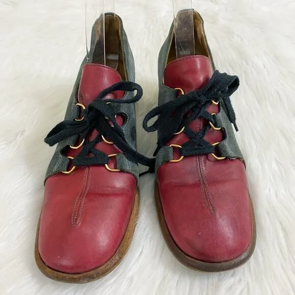 Vintage Gray Suede &amp; Red Leather Lace Up Shoes Block Heel Made in Italy Sz 10AA