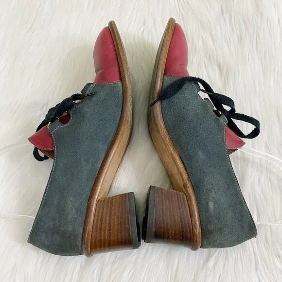 Vintage Gray Suede &amp; Red Leather Lace Up Shoes Block Heel Made in Italy Sz 10AA