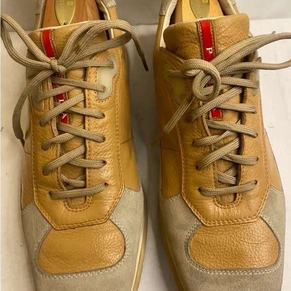 Vintage PRADA Men's SNEAKERS SUEDE/Leather Tan and Cream Sneakers size 9