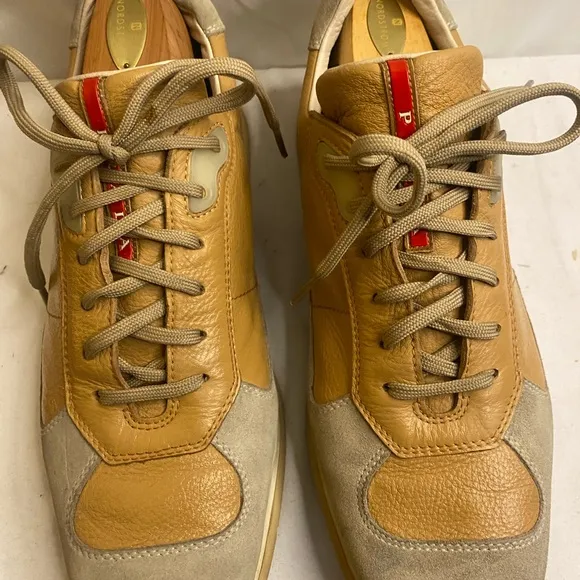 Vintage PRADA Men's SNEAKERS SUEDE/Leather Tan and Cream Sneakers size 9