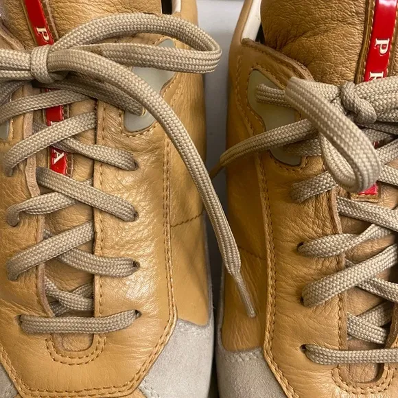 Vintage PRADA Men's SNEAKERS SUEDE/Leather Tan and Cream Sneakers size 9