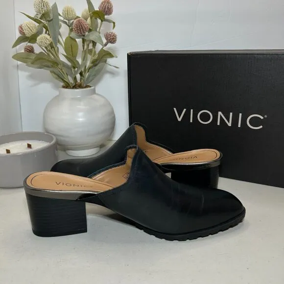 Vionic Claremont Chunky Heel Leather Mules Shoes Black I8651L3001 Women 7M NWB