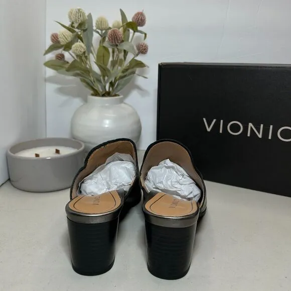 Vionic Claremont Chunky Heel Leather Mules Shoes Black I8651L3001 Women 7M NWB
