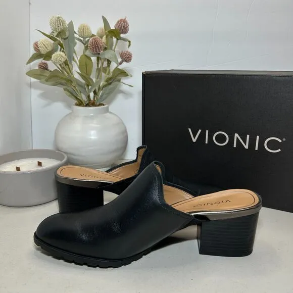 Vionic Claremont Chunky Heel Leather Mules Shoes Black I8651L3001 Women 7M NWB
