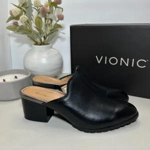 Vionic Claremont Chunky Heel Leather Mules Shoes Black I8651L3001 Women 7M NWB