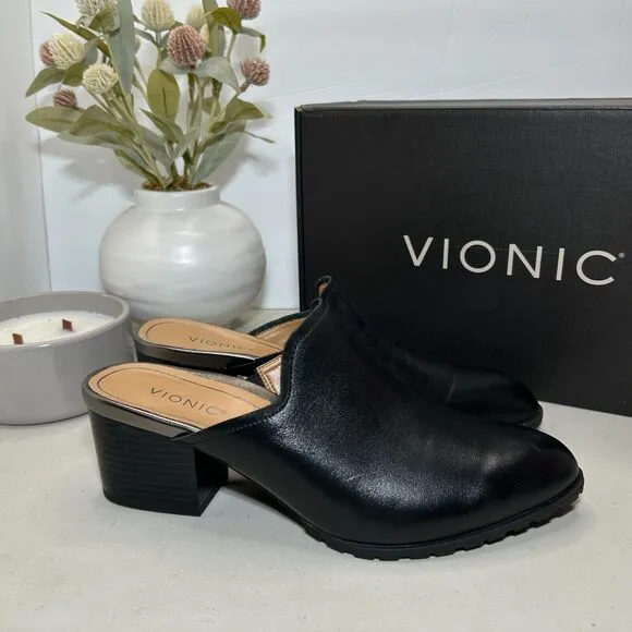 Vionic Claremont Chunky Heel Leather Mules Shoes Black I8651L3001 Women 7M NWB