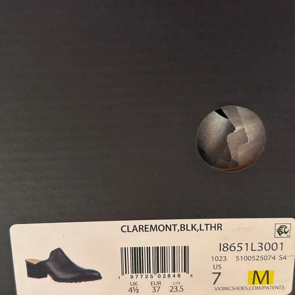 Vionic Claremont Chunky Heel Leather Mules Shoes Black I8651L3001 Women 7M NWB