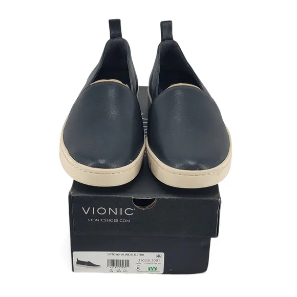 Vionic Uptown A-Line Black Leather Flats 8W Arch Support Comfort Slip-On Shoes