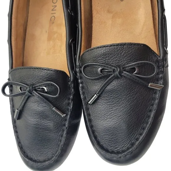 Vionic Women's Honor Virginia Black Leather Loafers, Boat Shoes Size 8