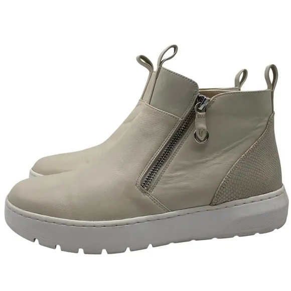 Vionic Womens Shoes Brinkley Sneaker Booties Sz 8 Cream Leather Ankle Zip Casual