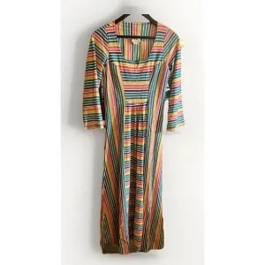 Vtg 70's Ethnic Bohemian Hippy Rainbow Stripe Dress Small Flaw Pls Read.       Q