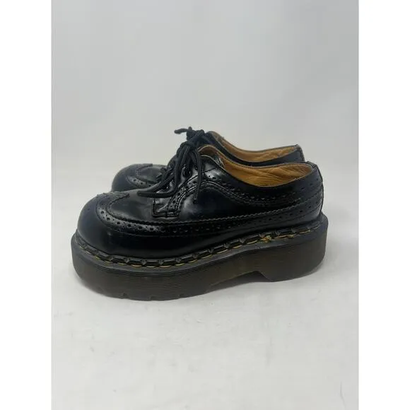 Vtg Dr Doc Martens Wing‎ Tip Shoes Brogue Men US 3 Black 90s Chunky Platform 90s