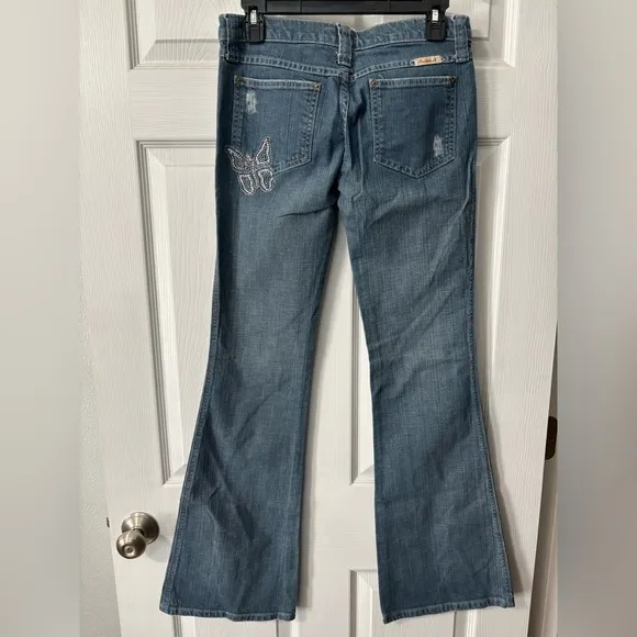 Vtg Y2K Frankie B Jeans Women's 6 Blue Denim Butterfly Low Rise Flared Leg