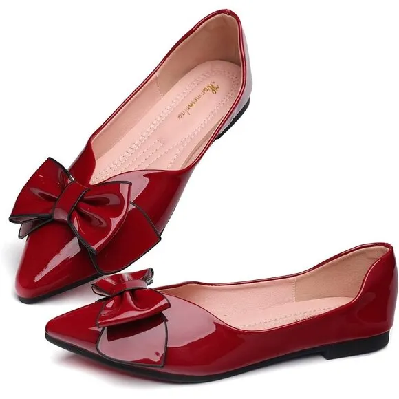 Wambhc Flat Shoes Women Red Artificial lacquer leather upper and sole Shoes