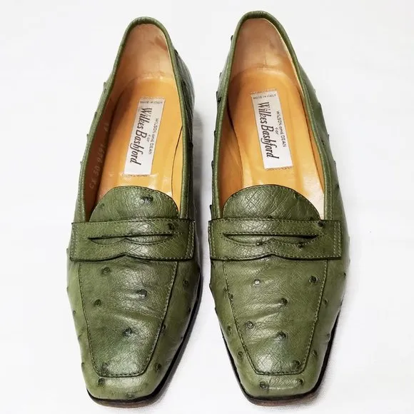 Wilkes Bashford  Army Green Heel Ostrich Leather Penny Loafers Shoes