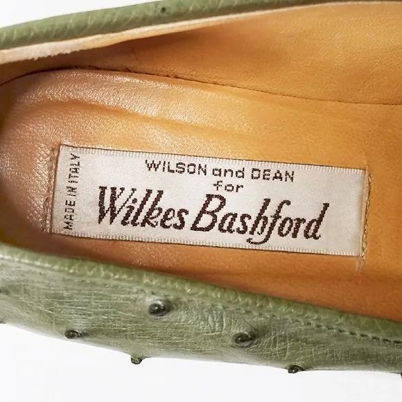 Wilkes Bashford  Army Green Heel Ostrich Leather Penny Loafers Shoes