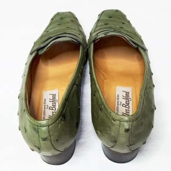 Wilkes Bashford  Army Green Heel Ostrich Leather Penny Loafers Shoes