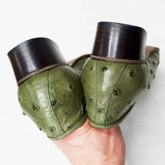 Wilkes Bashford  Army Green Heel Ostrich Leather Penny Loafers Shoes