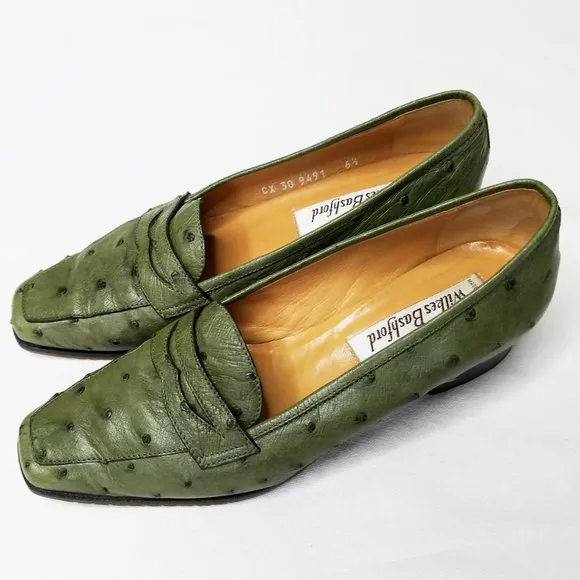 Wilkes Bashford  Army Green Heel Ostrich Leather Penny Loafers Shoes