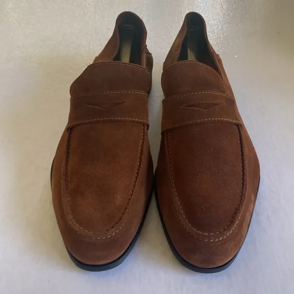 Wolf &amp; Shepherd Men’s Brown Soft Suede Leather Penny Loafers Slip On Shoes Sz 8