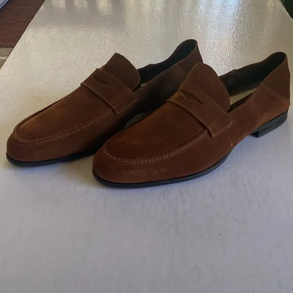 Wolf &amp; Shepherd Men’s Brown Soft Suede Leather Penny Loafers Slip On Shoes Sz 8