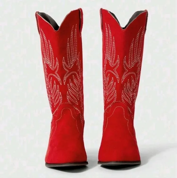 Women Christmas Embroidery Pointed Toe Low Heel Vintage Western Cowboys Boots