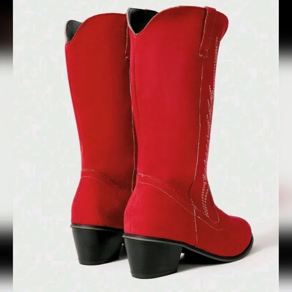 Women Christmas Embroidery Pointed Toe Low Heel Vintage Western Cowboys Boots