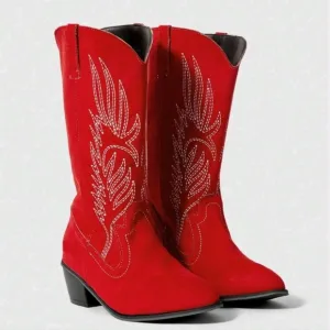 Women Christmas Embroidery Pointed Toe Low Heel Vintage Western Cowboys Boots