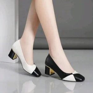 Women Comfortable High Heel Shoes, Red White Color Block Pointed Toe Chunky Heel