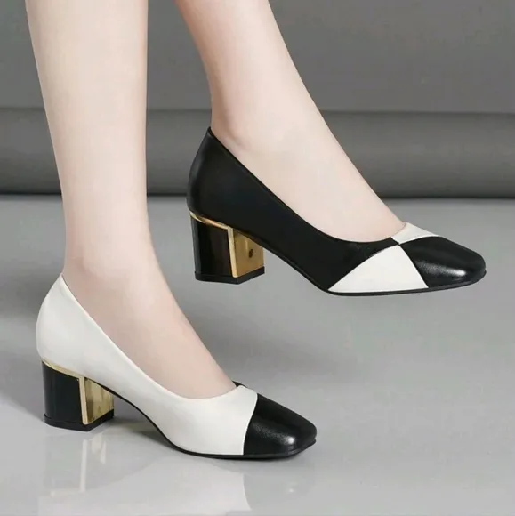 Women Comfortable High Heel Shoes, Red White Color Block Pointed Toe Chunky Heel