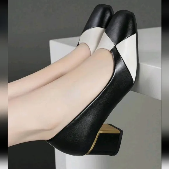 Women Comfortable High Heel Shoes, Red White Color Block Pointed Toe Chunky Heel