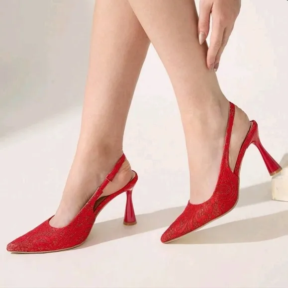 Women Elegant Red Lace Pointed Toe High Heel Pumps,Suitable For Party