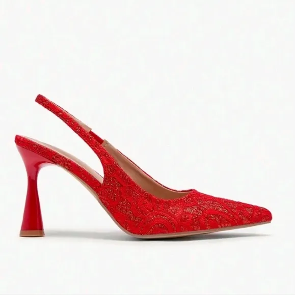 Women Elegant Red Lace Pointed Toe High Heel Pumps,Suitable For Party
