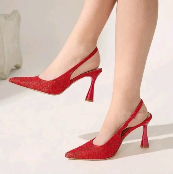 Women Elegant Red Lace Pointed Toe High Heel Pumps,Suitable For Party