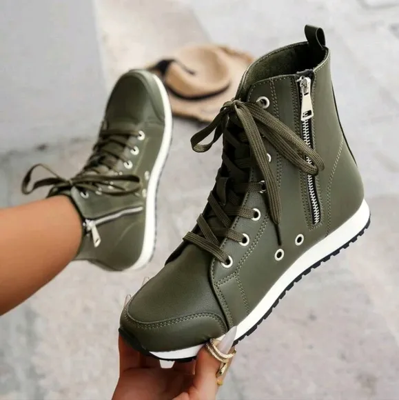 Women Fashion Casual Sport Ankle Boots With Lace-Up And Side Zipper, Mid-Top