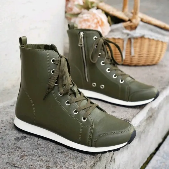 Women Fashion Casual Sport Ankle Boots With Lace-Up And Side Zipper, Mid-Top