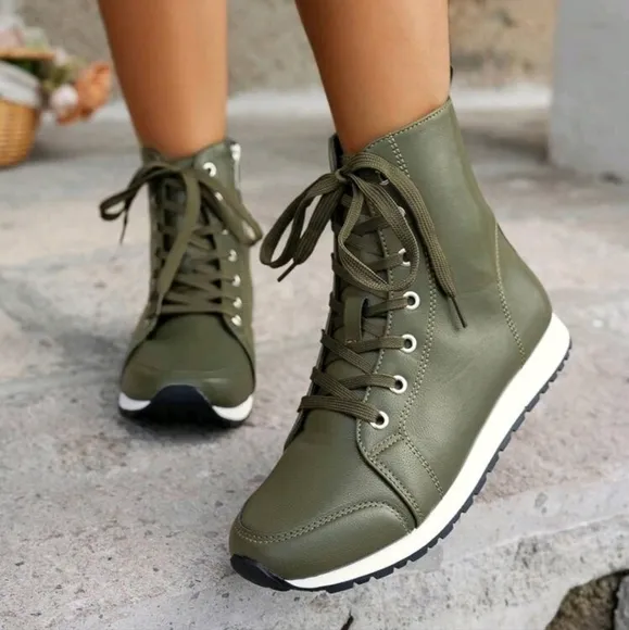 Women Fashion Casual Sport Ankle Boots With Lace-Up And Side Zipper, Mid-Top