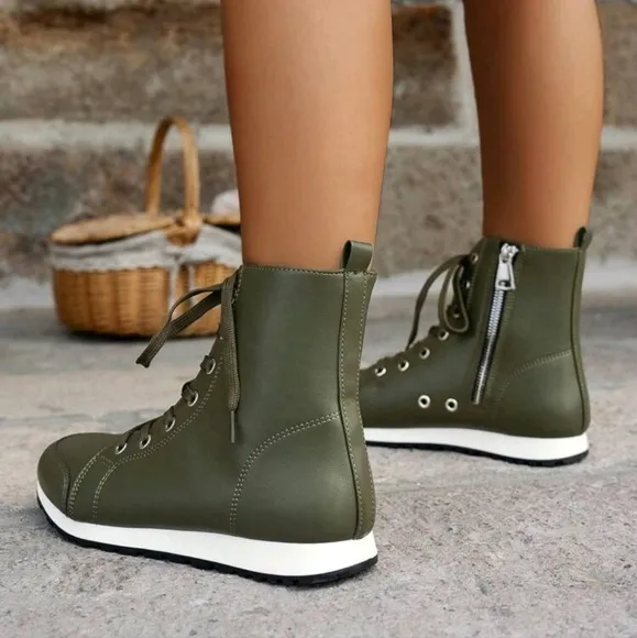Women Fashion Casual Sport Ankle Boots With Lace-Up And Side Zipper, Mid-Top