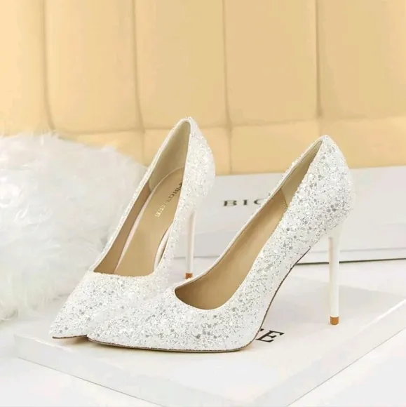Women Glitter Decor Point Toe Stiletto Heeled Pumps, Glamorous White Pumps
