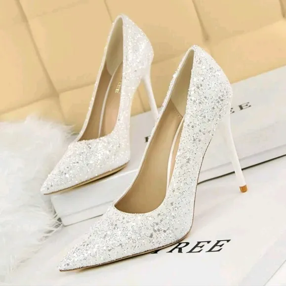 Women Glitter Decor Point Toe Stiletto Heeled Pumps, Glamorous White Pumps