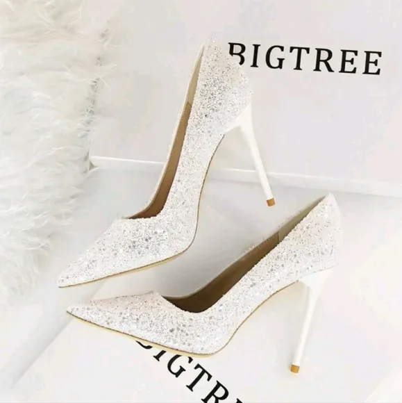 Women Glitter Decor Point Toe Stiletto Heeled Pumps, Glamorous White Pumps