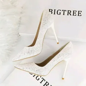 Women Glitter Decor Point Toe Stiletto Heeled Pumps, Glamorous White Pumps