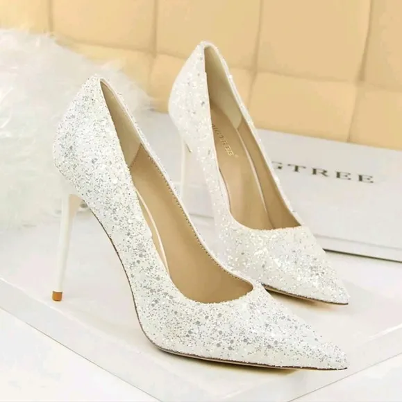 Women Glitter Decor Point Toe Stiletto Heeled Pumps, Glamorous White Pumps