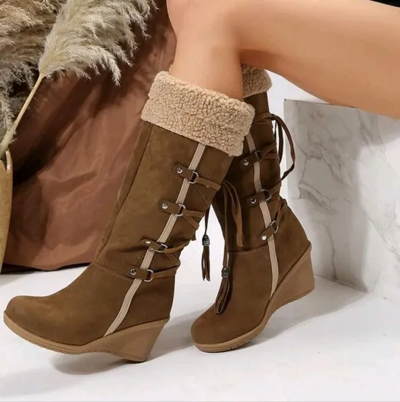 Women One-Push Lace-Up Thick Bottom Fluffy Lined Warm With Buckle Long Shaft