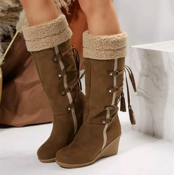 Women One-Push Lace-Up Thick Bottom Fluffy Lined Warm With Buckle Long Shaft