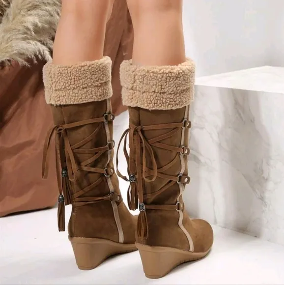 Women One-Push Lace-Up Thick Bottom Fluffy Lined Warm With Buckle Long Shaft