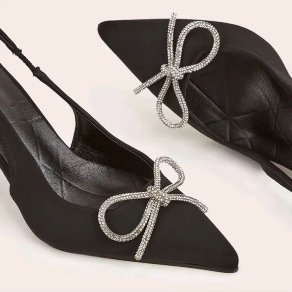 Women Rhinestone Bow Decor Point Toe Sculptural Heeled Slingback Point Toe Stile