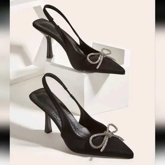 Women Rhinestone Bow Decor Point Toe Sculptural Heeled Slingback Point Toe Stile
